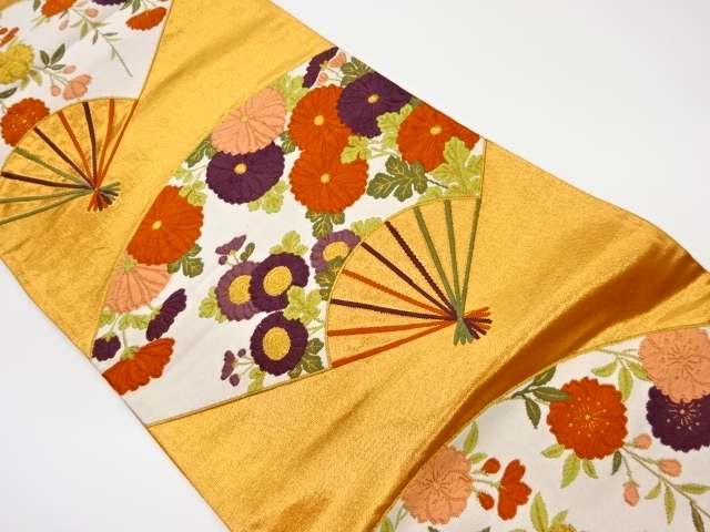 リサイクル　扇に枝垂れ桜・菊模様織出し袋帯